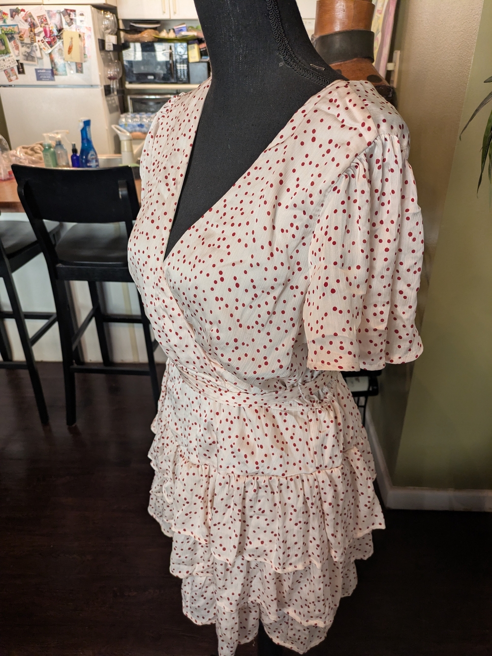 Cream And Red Short Sleeve Polka Dot Dress. - Picture 2 of 4